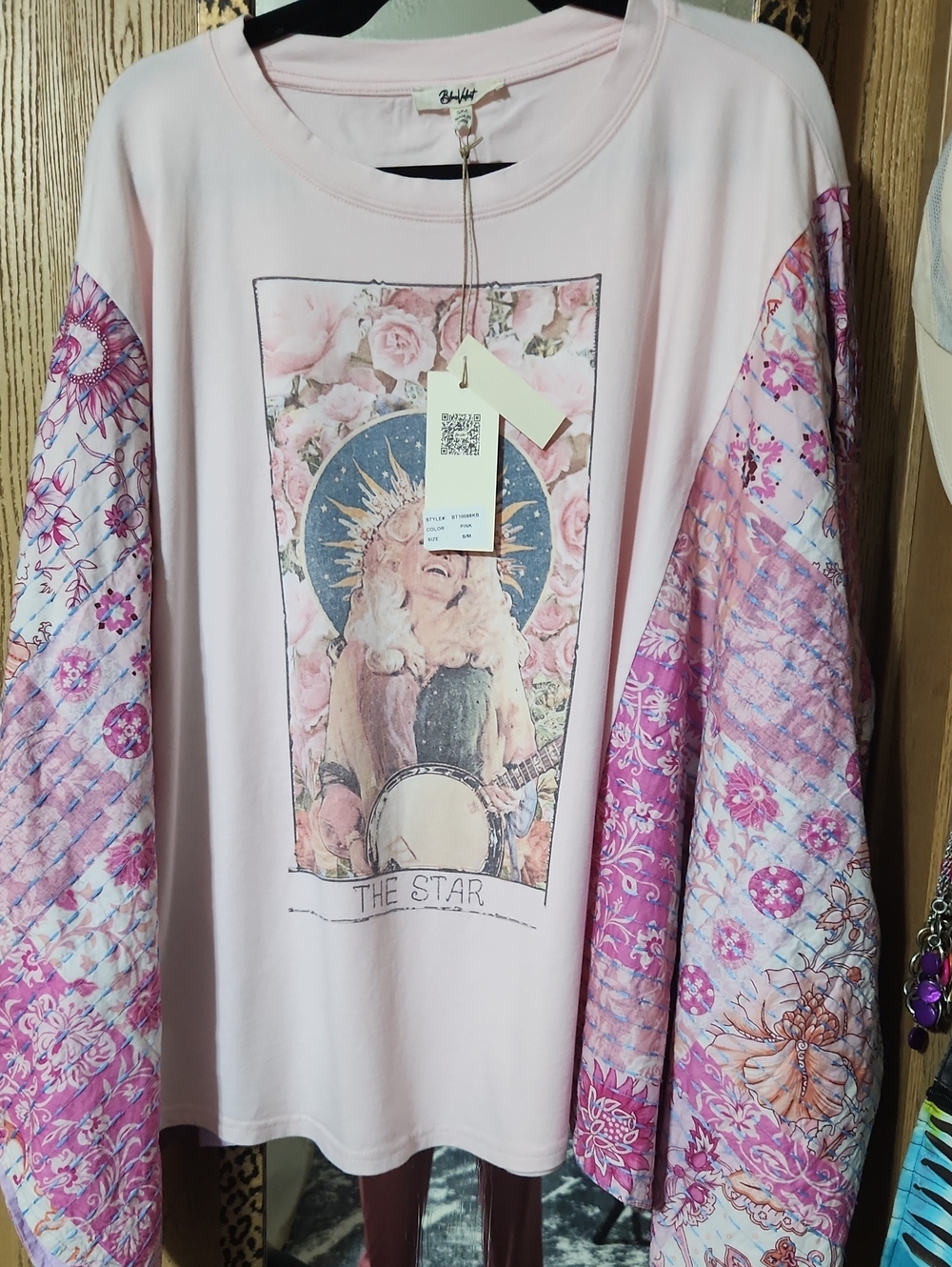 Blue Velvet-Blush Pink Dolly Parton Long Sleeve Top w Floral Patchwork Sleeves
